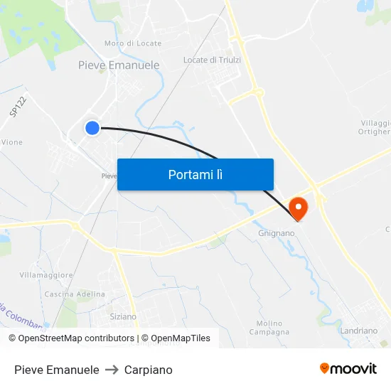Pieve Emanuele to Carpiano map