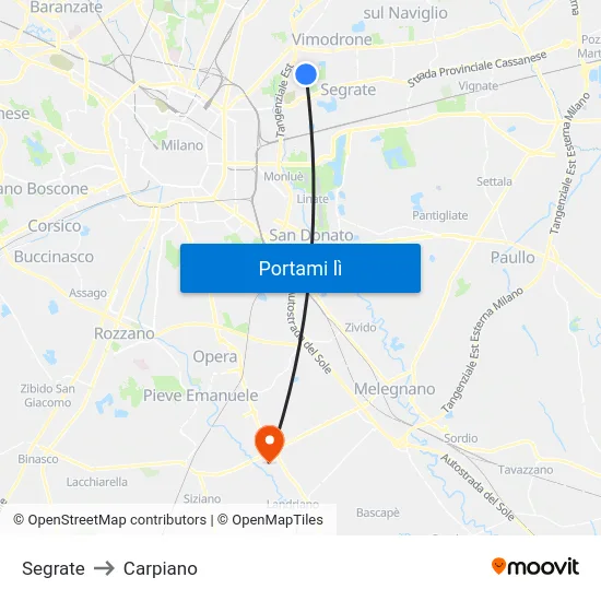 Segrate to Carpiano map