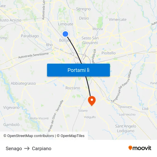 Senago to Carpiano map