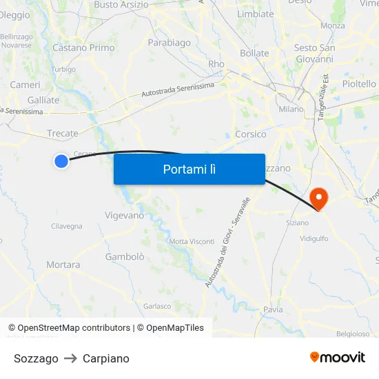 Sozzago to Carpiano map