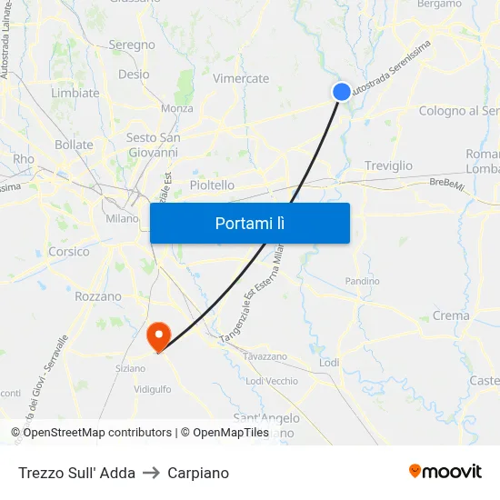 Trezzo Sull' Adda to Carpiano map