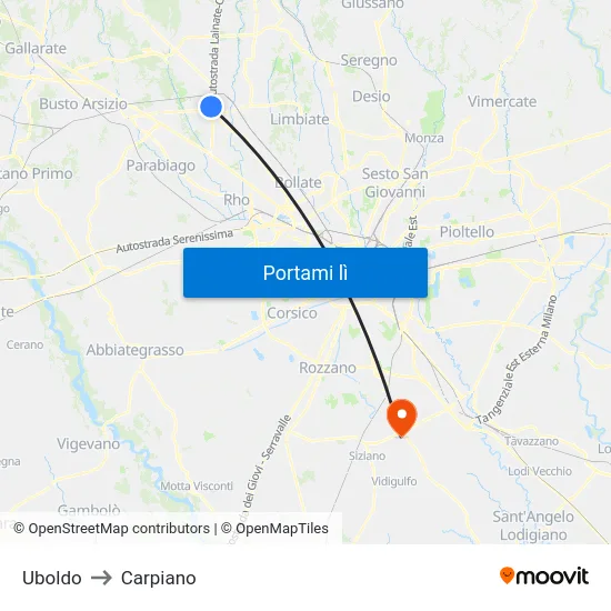 Uboldo to Carpiano map