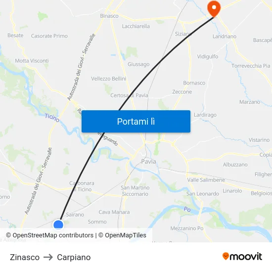 Zinasco to Carpiano map