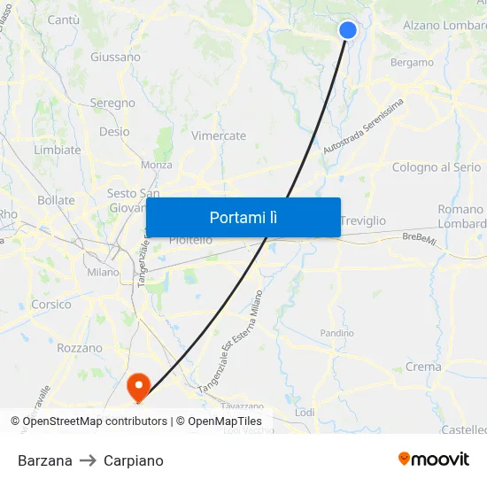 Barzana to Carpiano map