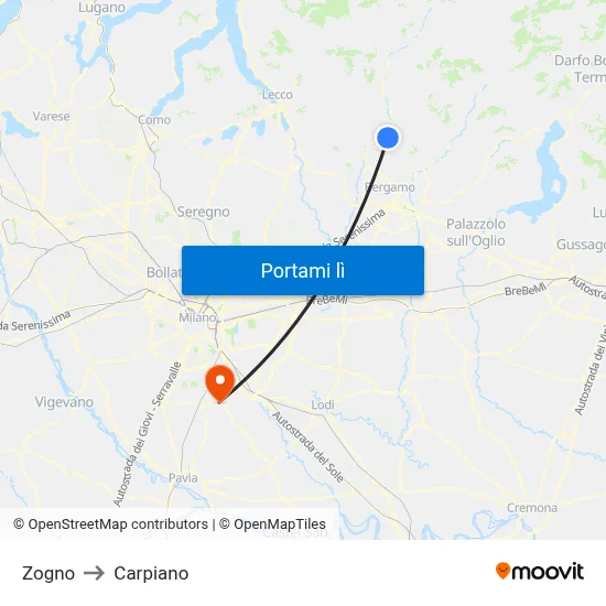 Zogno to Carpiano map
