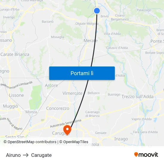 Airuno to Carugate map