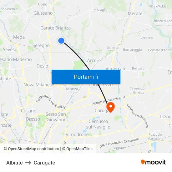 Albiate to Carugate map