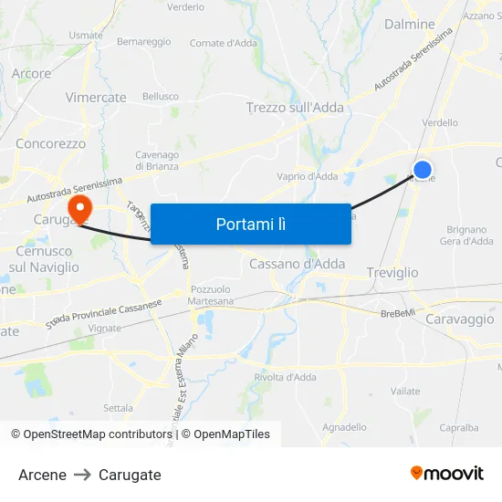 Arcene to Carugate map