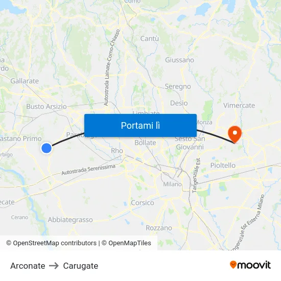 Arconate to Carugate map