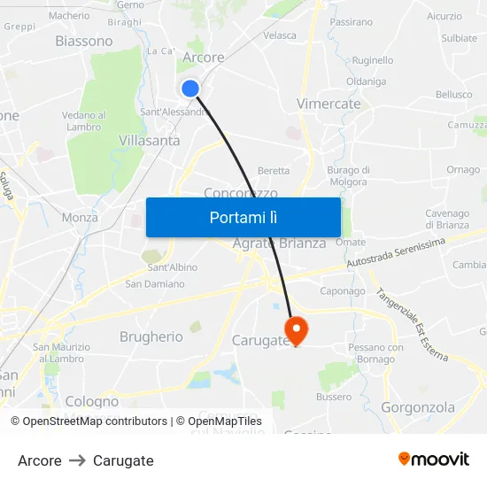 Arcore to Carugate map