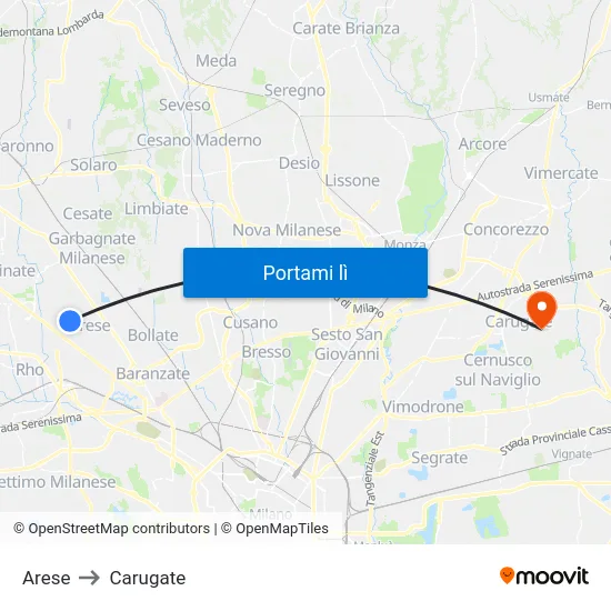 Arese to Carugate map
