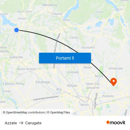 Azzate to Carugate map