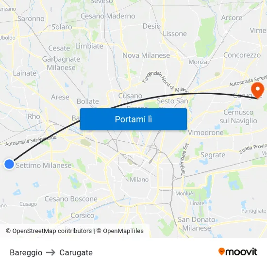 Bareggio to Carugate map