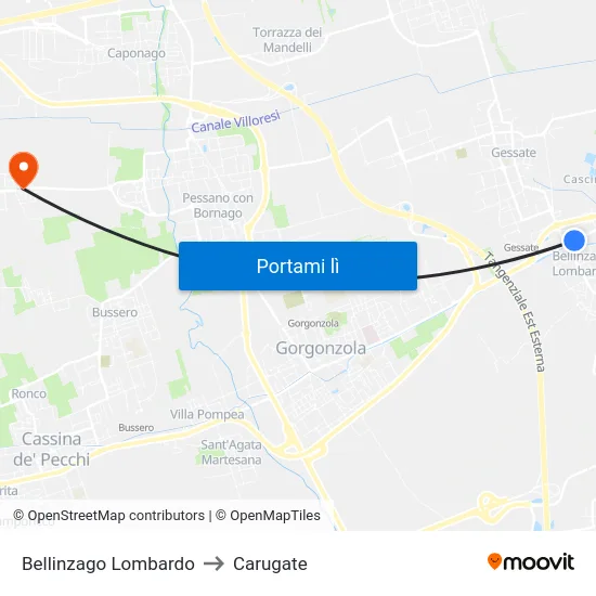 Bellinzago Lombardo to Carugate map