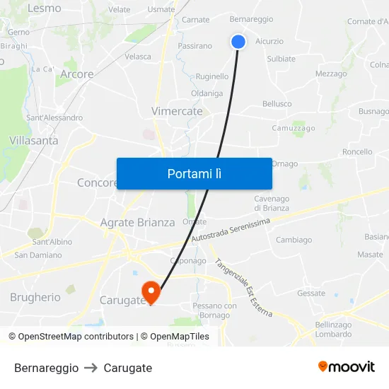 Bernareggio to Carugate map