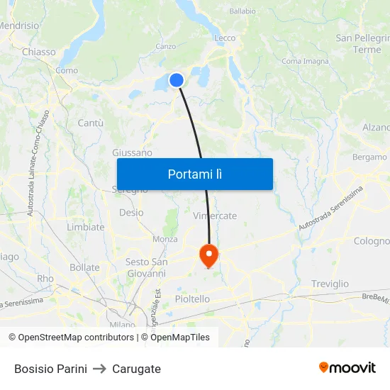 Bosisio Parini to Carugate map