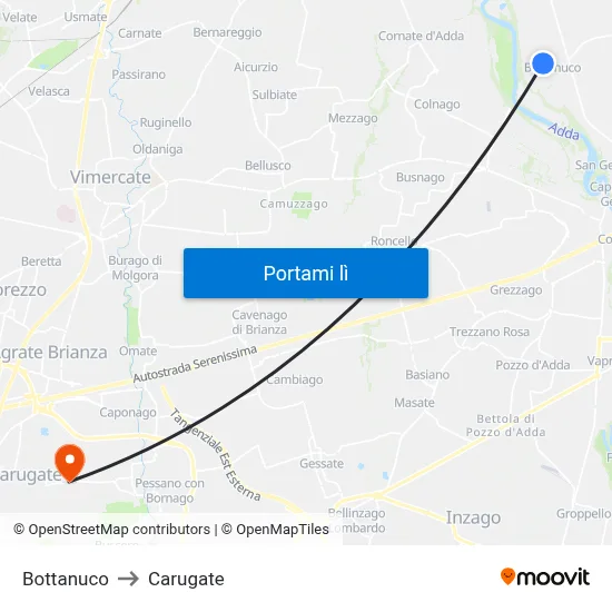 Bottanuco to Carugate map