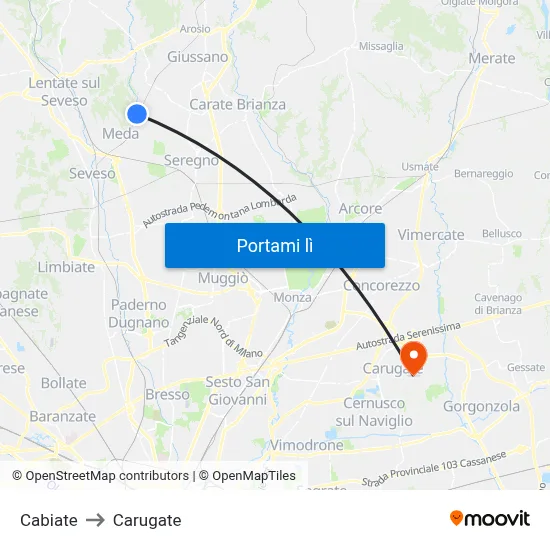 Cabiate to Carugate map