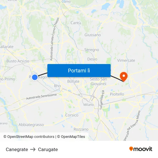 Canegrate to Carugate map