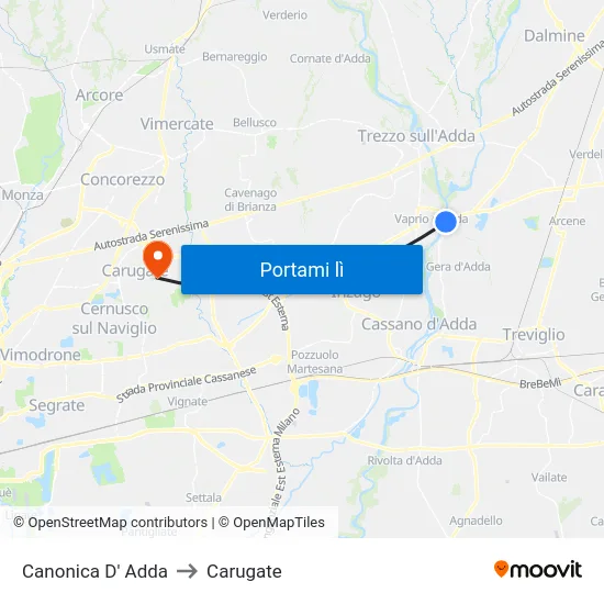 Canonica D' Adda to Carugate map