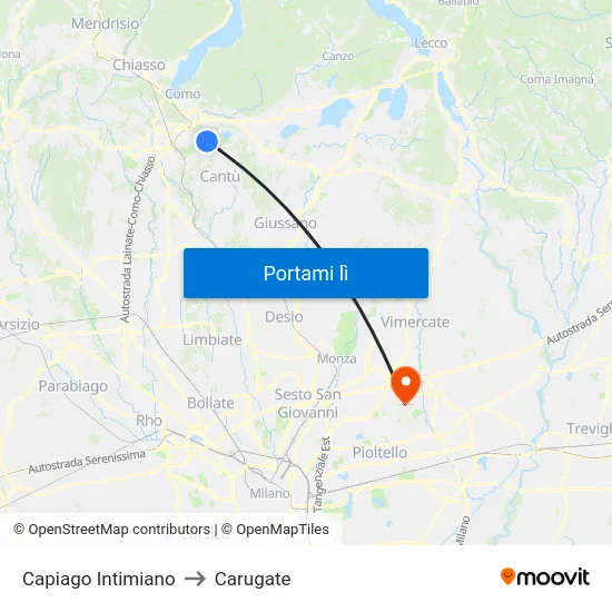 Capiago Intimiano to Carugate map