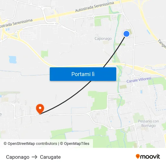 Caponago to Carugate map