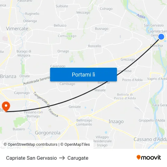 Capriate San Gervasio to Carugate map