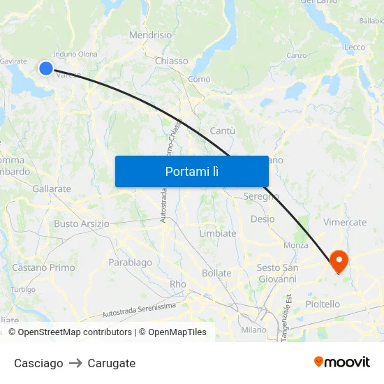 Casciago to Carugate map