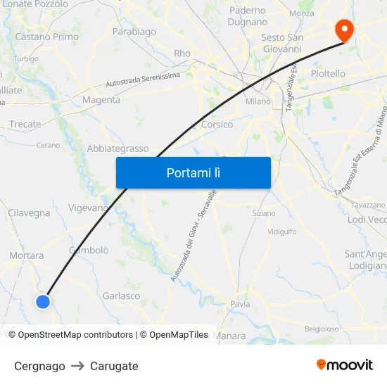 Cergnago to Carugate map