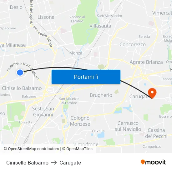 Cinisello Balsamo to Carugate map
