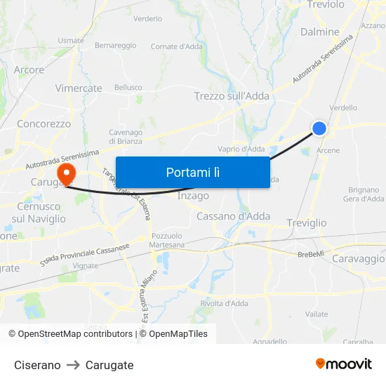 Ciserano to Carugate map