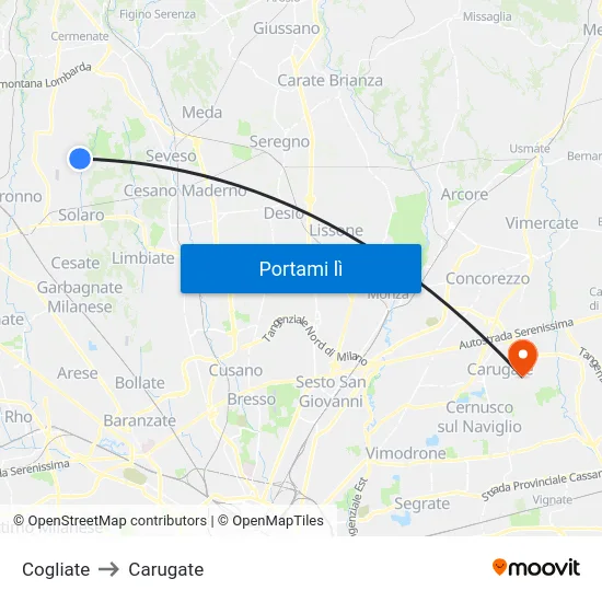 Cogliate to Carugate map