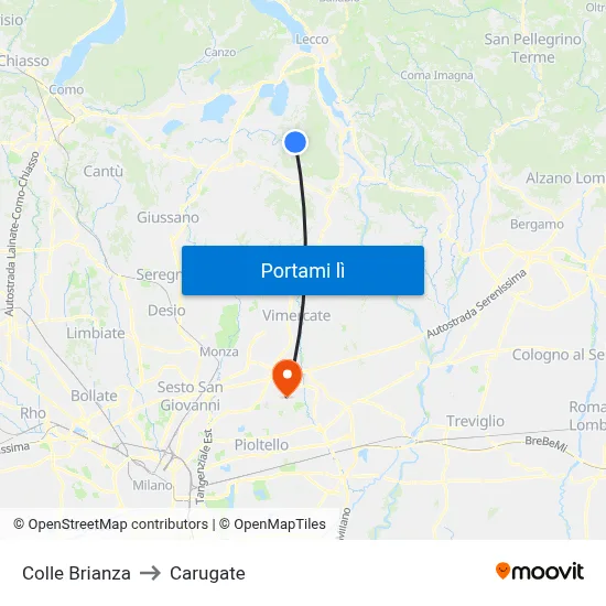 Colle Brianza to Carugate map