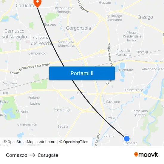 Comazzo to Carugate map
