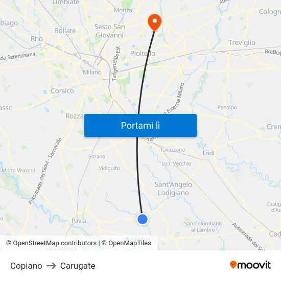 Copiano to Carugate map