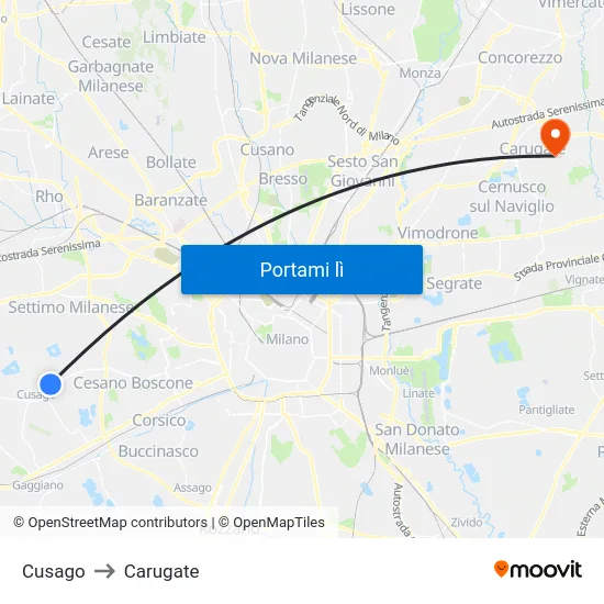 Cusago to Carugate map