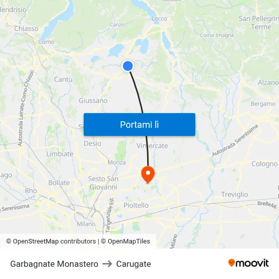 Garbagnate Monastero to Carugate map