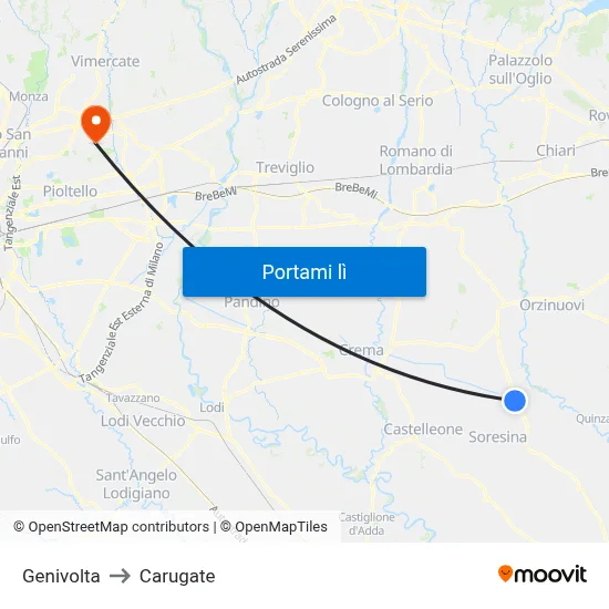 Genivolta to Carugate map