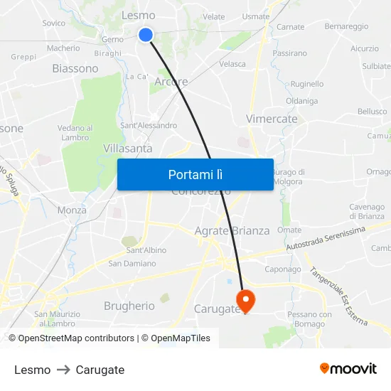 Lesmo to Carugate map