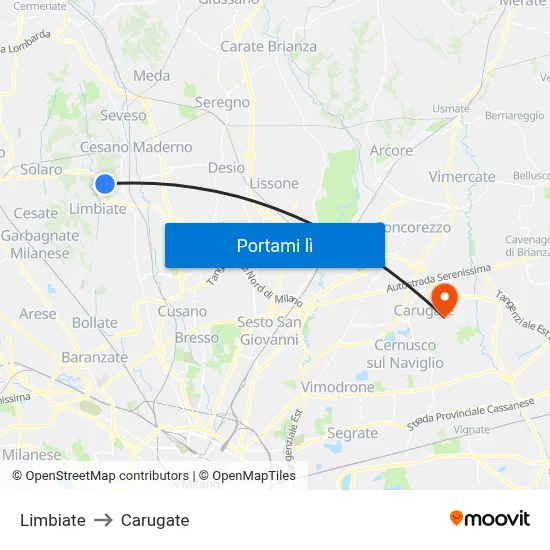 Limbiate to Carugate map