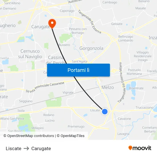 Liscate to Carugate map