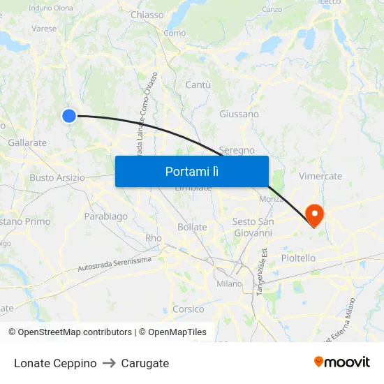 Lonate Ceppino to Carugate map