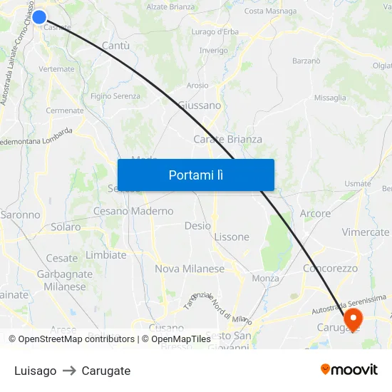Luisago to Carugate map