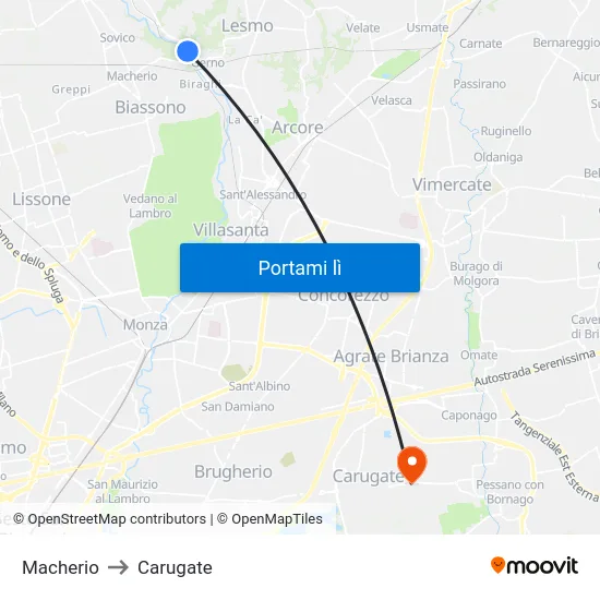 Macherio to Carugate map