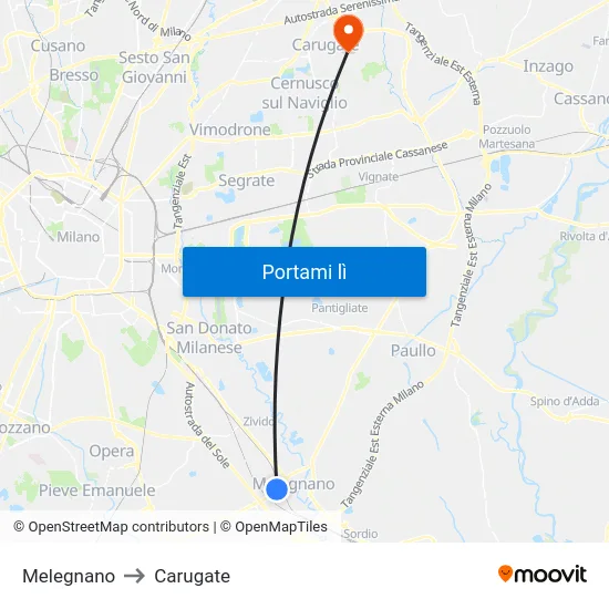 Melegnano to Carugate map