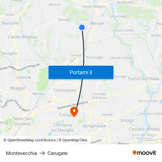 Montevecchia to Carugate map