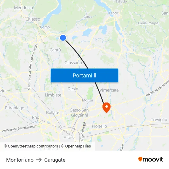 Montorfano to Carugate map