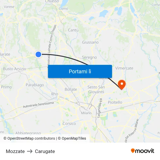 Mozzate to Carugate map