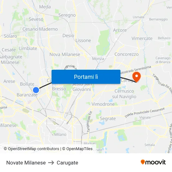 Novate Milanese to Carugate map