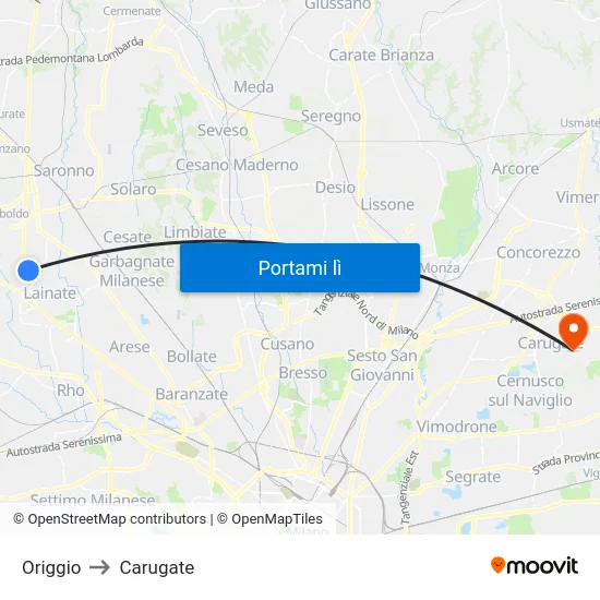 Origgio to Carugate map